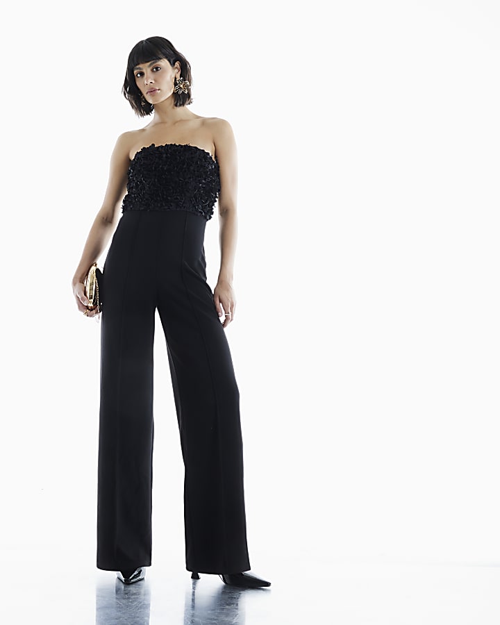 Black Sleeveless 3D Petal Bandeau Jumpsuit