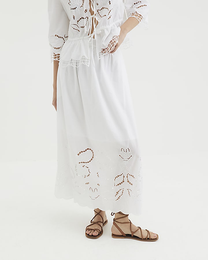 White Broderie Cutwork Maxi Skirt