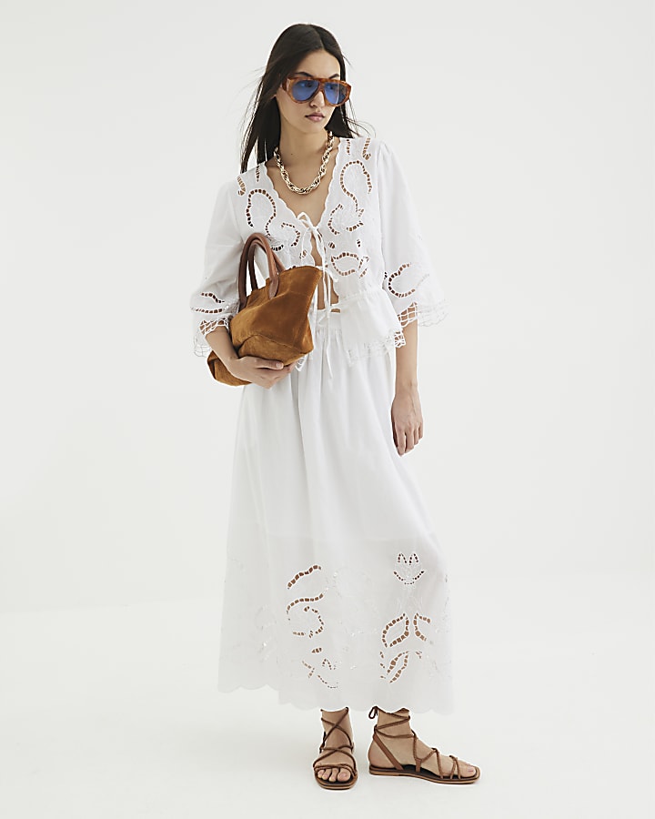 White Broderie Cutwork Maxi Skirt