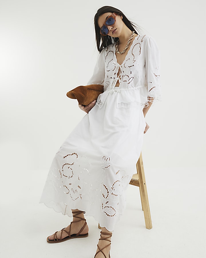 White Broderie Cutwork Maxi Skirt