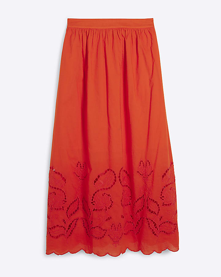 Red Broderie Cutwork Maxi Skirt