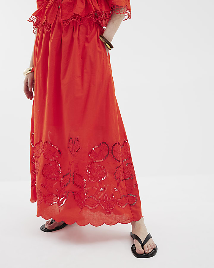 Red Broderie Cutwork Maxi Skirt