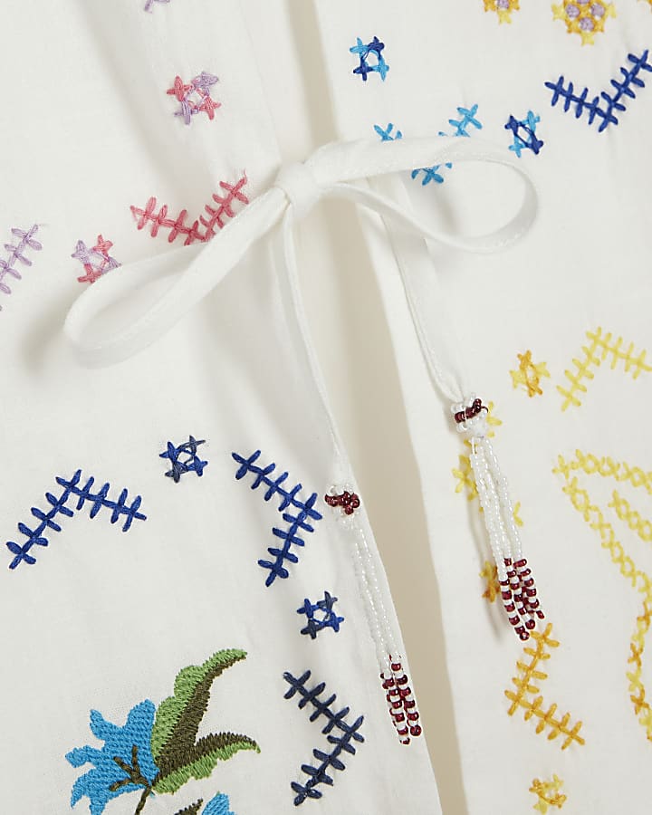 White Long Sleeve Embroidered Tie Front Shirt