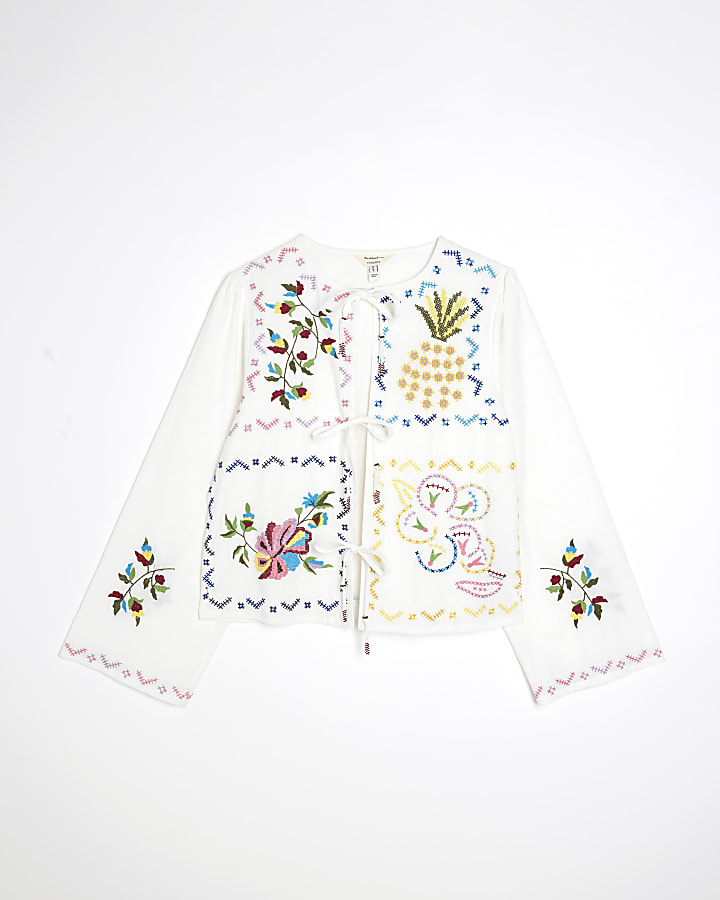 White Long Sleeve Embroidered Tie Front Shirt