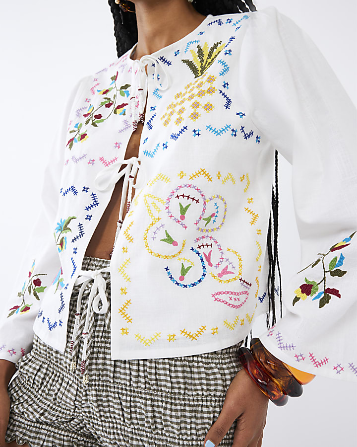White Long Sleeve Embroidered Tie Front Shirt