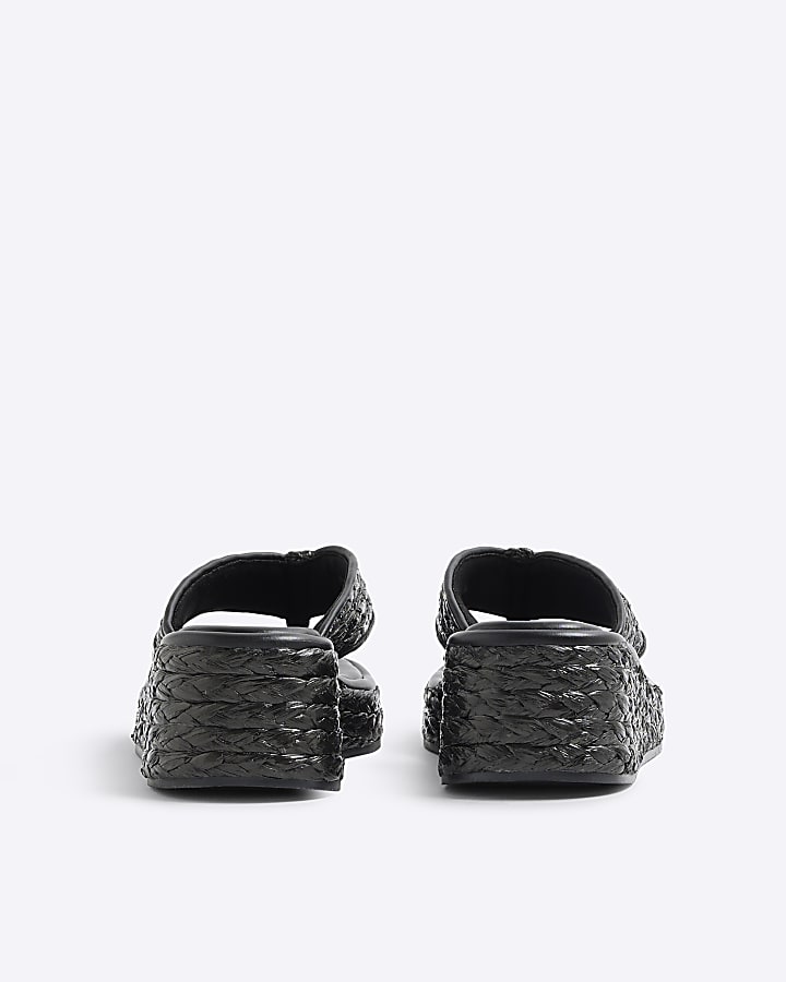 Black Raffia Platform Wedge Sandals