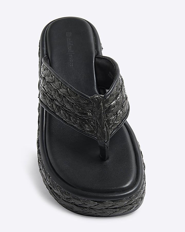 Black Raffia Platform Wedge Sandals