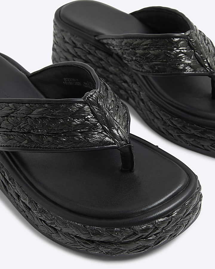 Black Raffia Platform Wedge Sandals