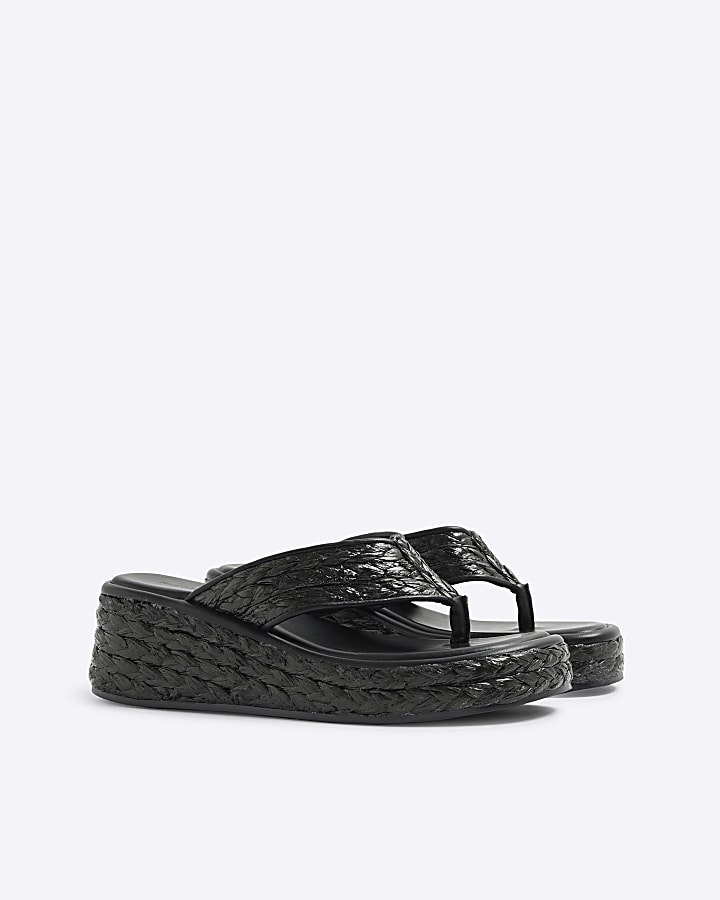Black Raffia Platform Wedge Sandals