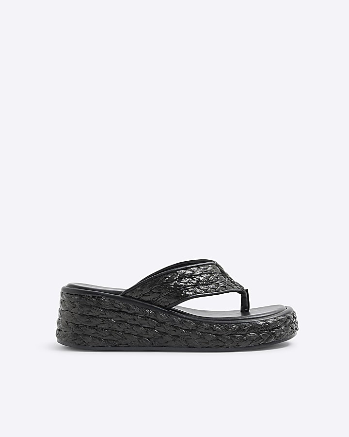 Black Raffia Platform Wedge Sandals