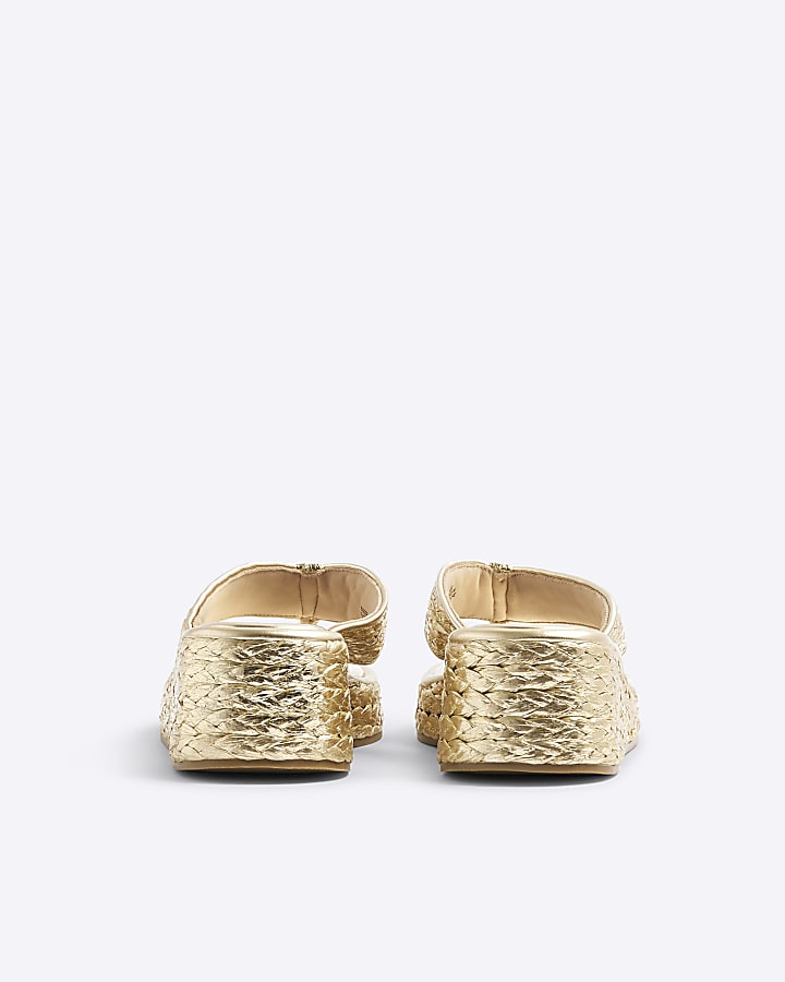 Gold Raffia Platform Wedge Sandals