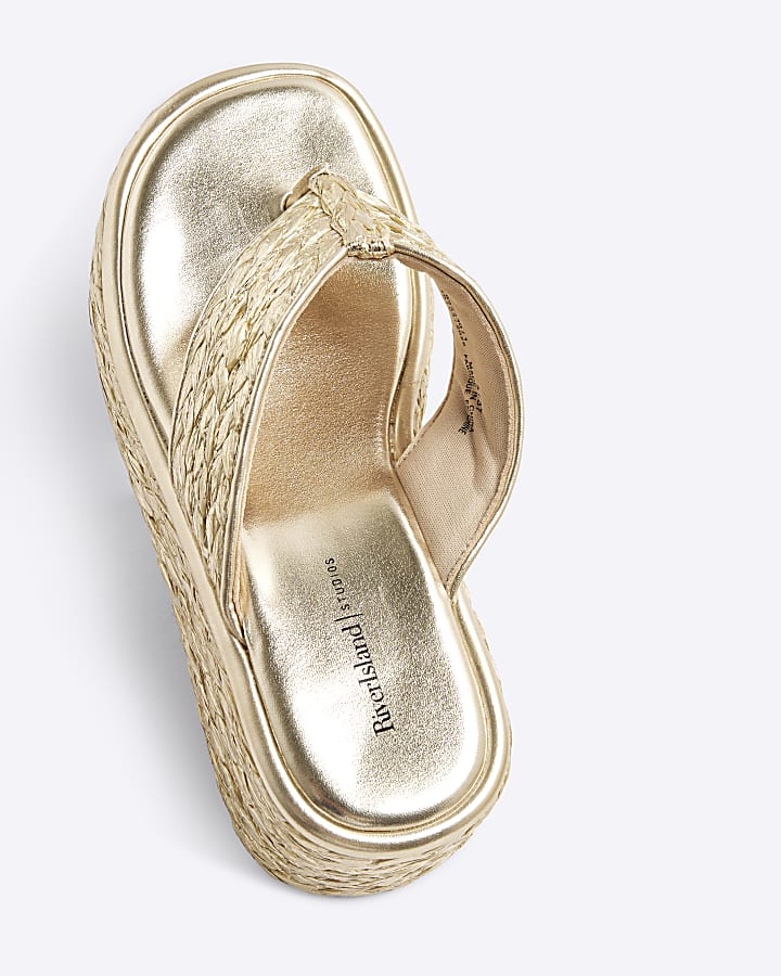 Gold Raffia Platform Wedge Sandals