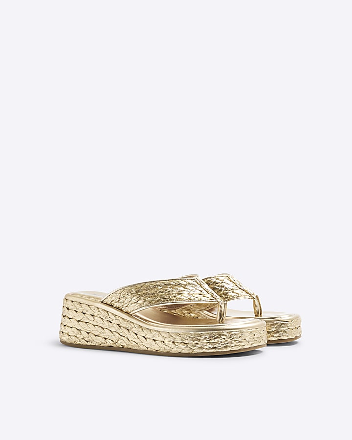 Gold Raffia Platform Wedge Sandals