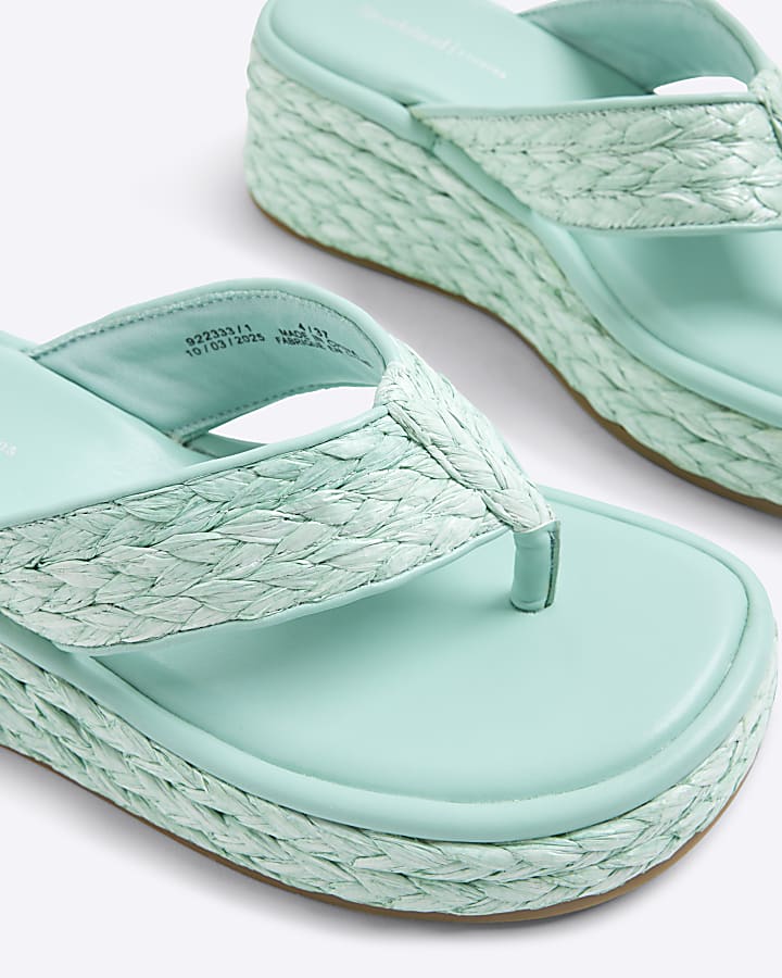 Aqua Raffia Platform Wedge Sandals