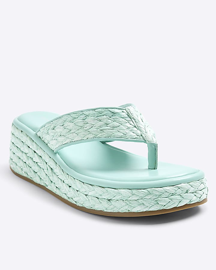 Aqua Raffia Platform Wedge Sandals