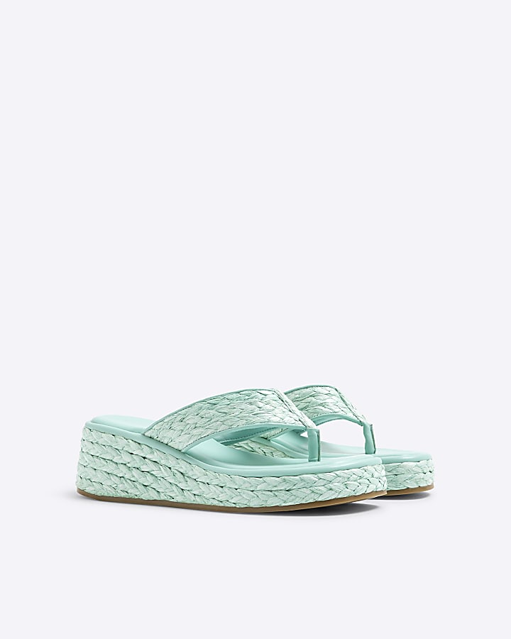 Aqua Raffia Platform Wedge Sandals