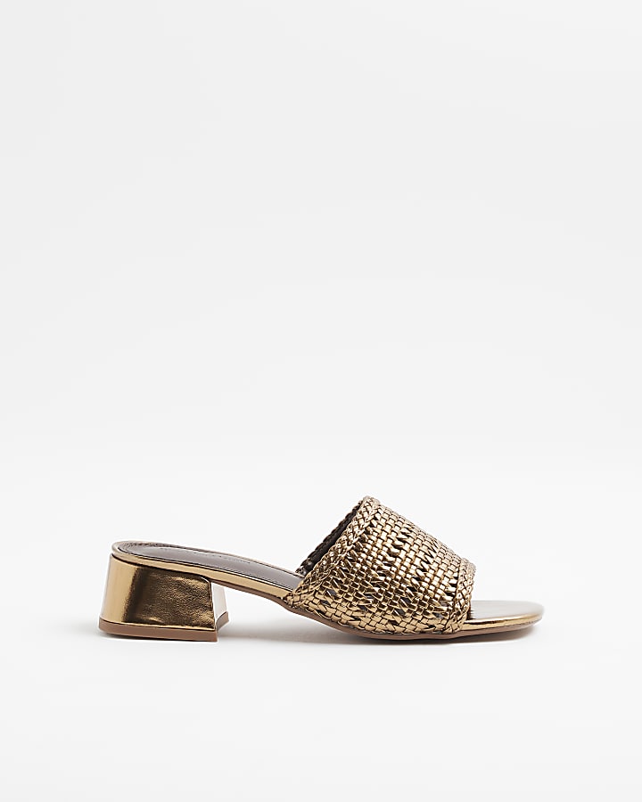 Bronze Wide Fit Woven Block Heel Mule Sandals