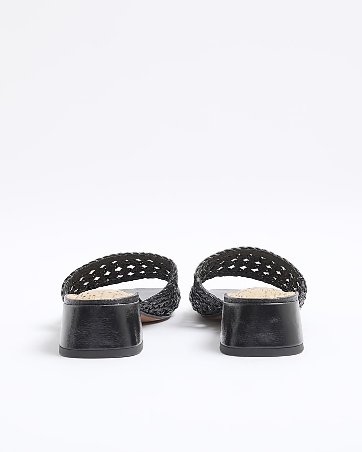 Black Wide Fit Woven Block Heel Mule Sandals