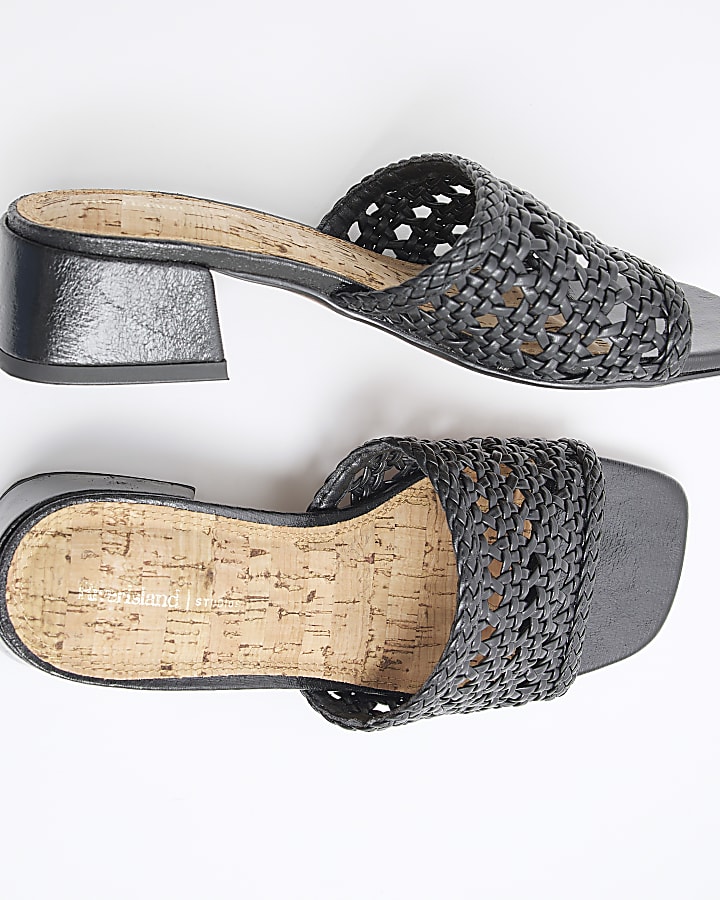 Black Wide Fit Woven Block Heel Mule Sandals