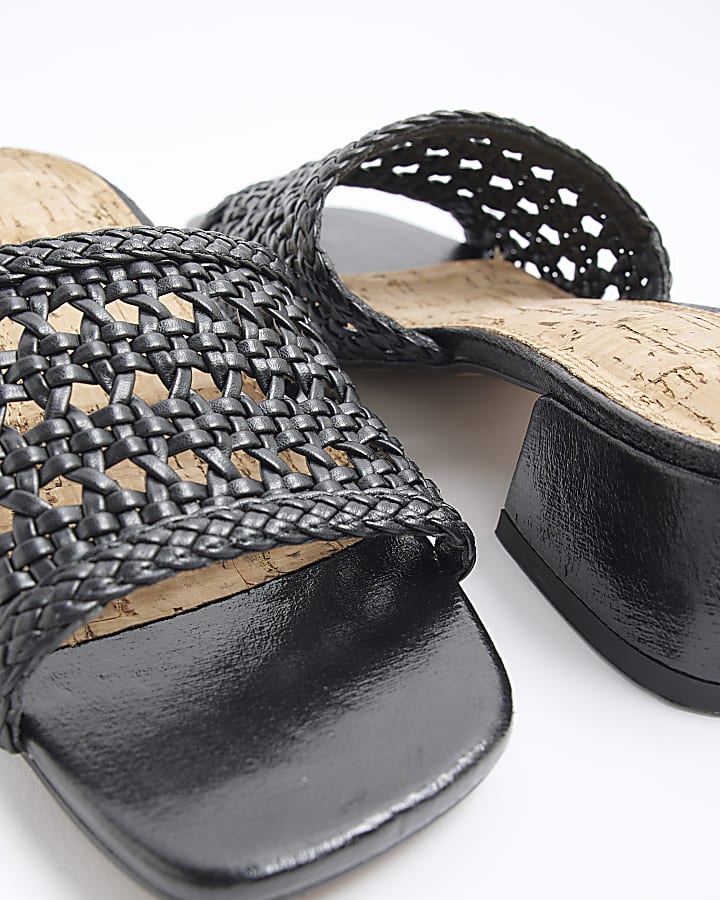 Black Wide Fit Woven Block Heel Mule Sandals