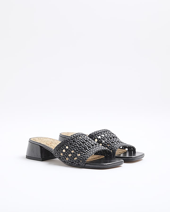 Black Wide Fit Woven Block Heel Mule Sandals