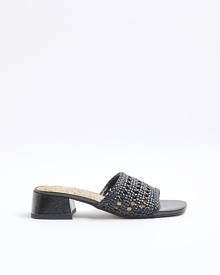 Black Wide Fit Woven Block Heel Mule Sandals
