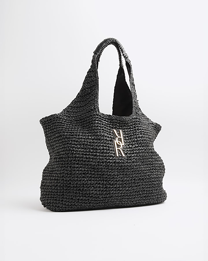 Black RR Raffia Shopper Bag