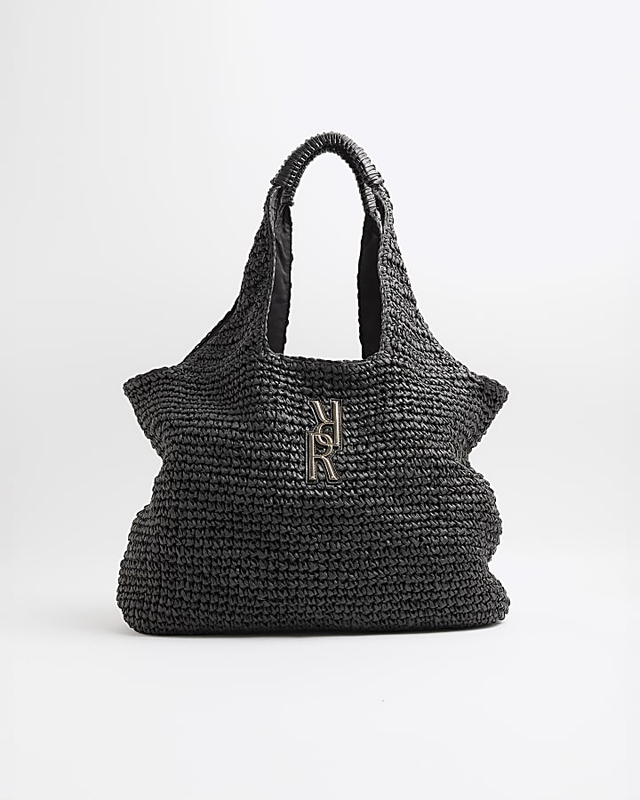 Black RR Raffia Shopper Bag