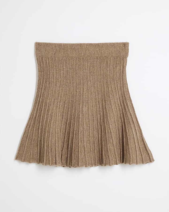 Brown Pleated Knit Mini Skirt