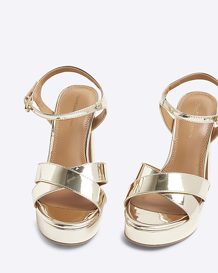Gold Wide Fit Strap Platform Heeled Sandals