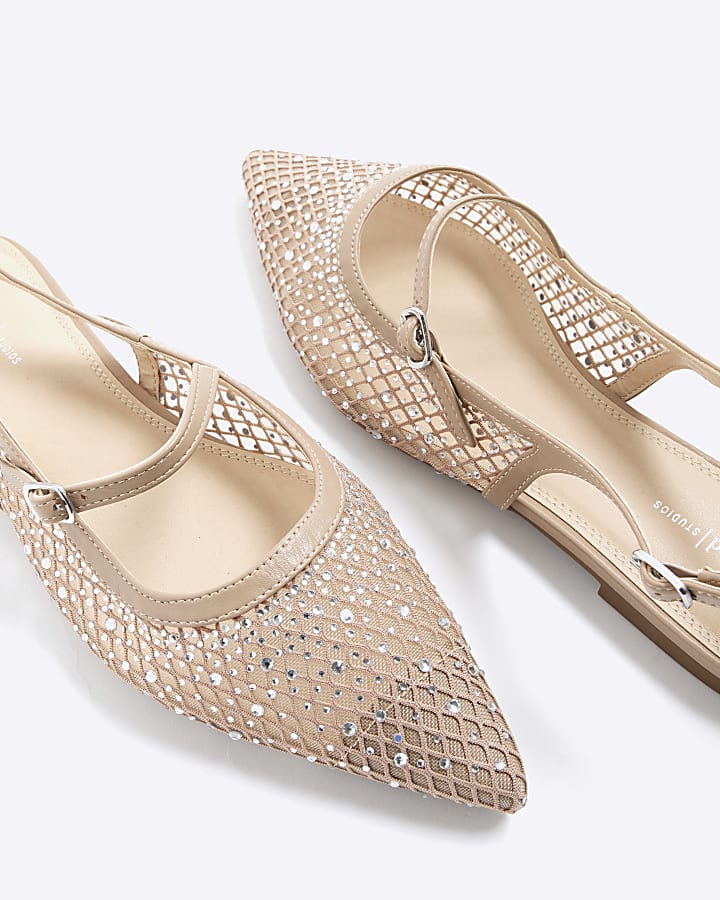Beige Wide Fit Mesh Flat Pointed Shoes