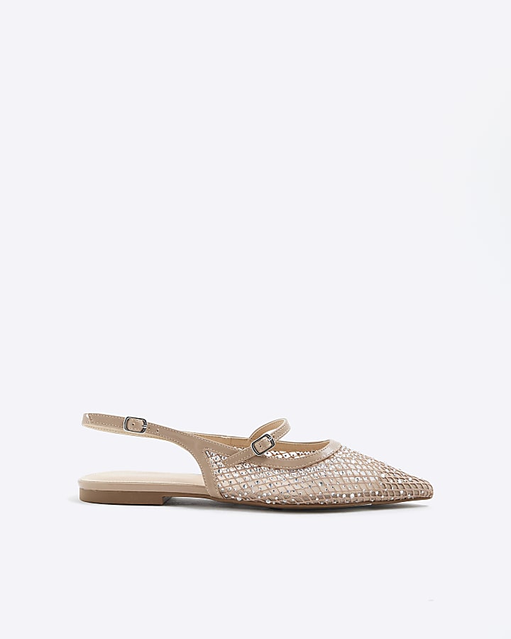 Beige Wide Fit Mesh Flat Pointed Shoes