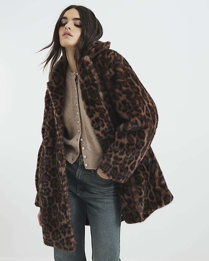 Brown Faux Fur Leopard Print Coat