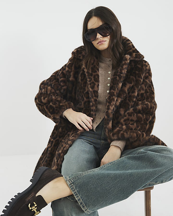 Brown Faux Fur Leopard Print Coat