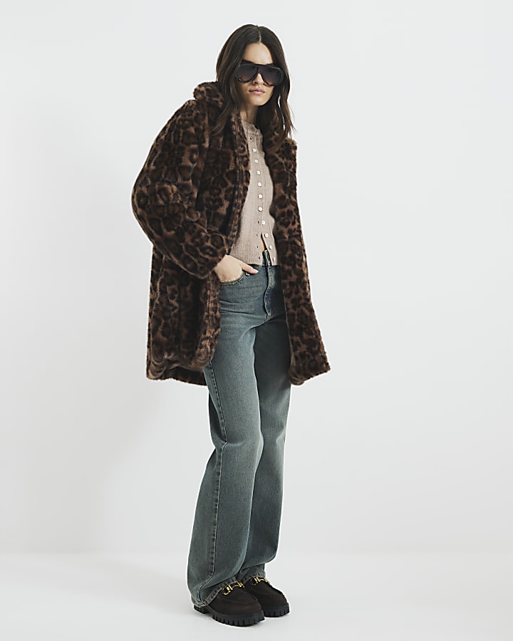 Brown Faux Fur Leopard Print Coat