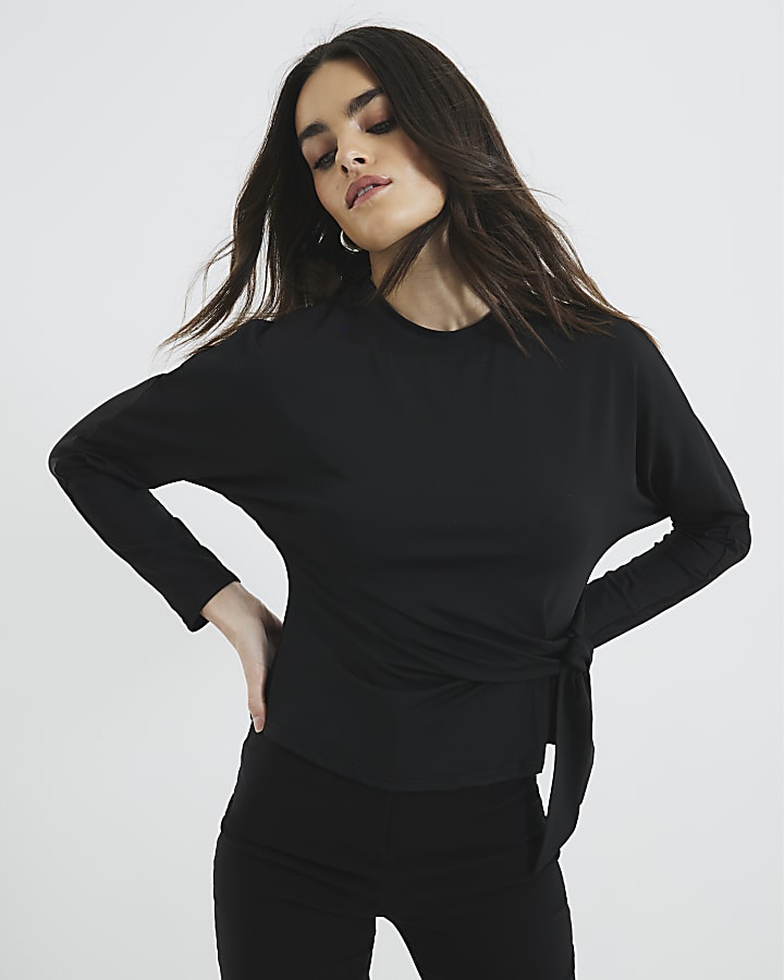 Black Long Sleeve Tie Side Top