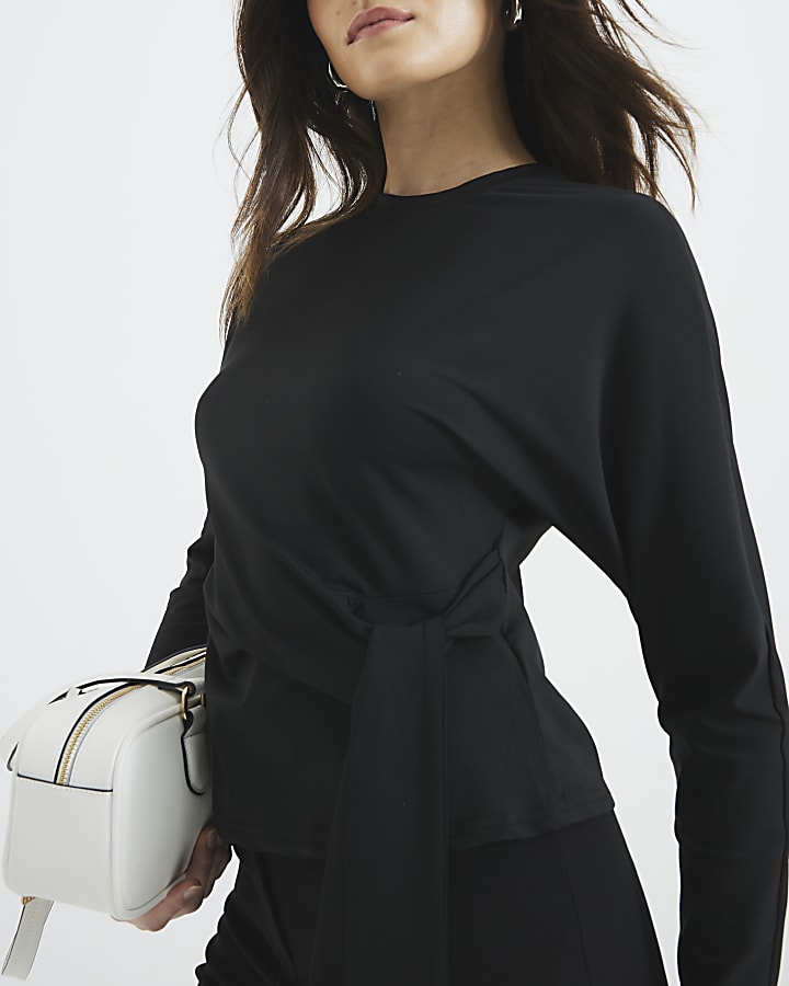 Black Long Sleeve Tie Side Top