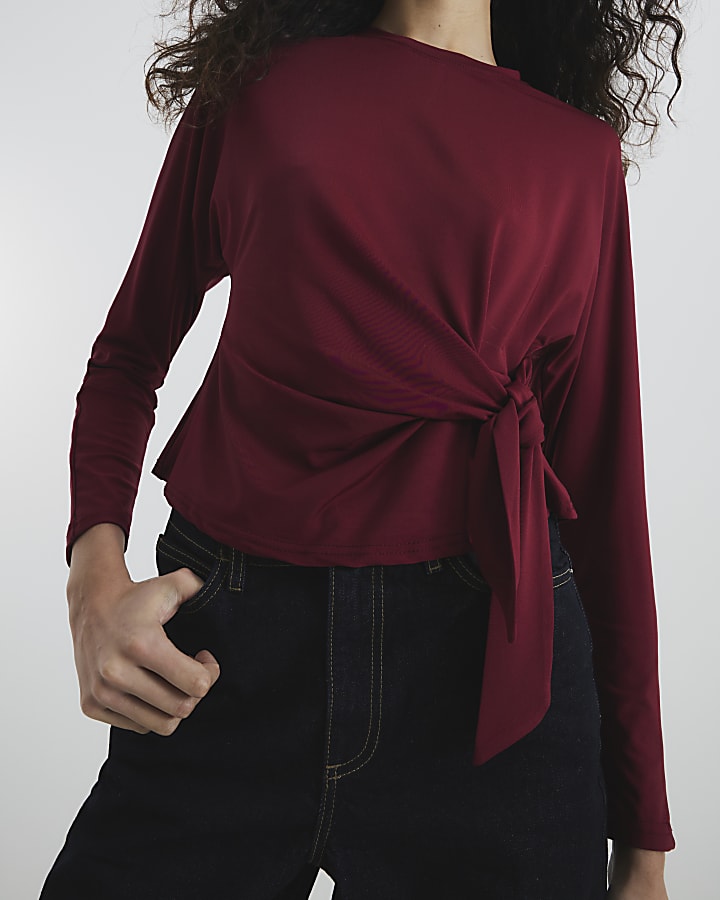 Red Long Sleeve Tie Top