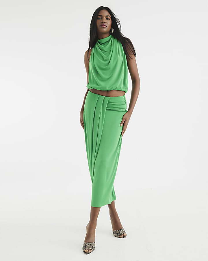 Green Draped Pleated Midi Skirt