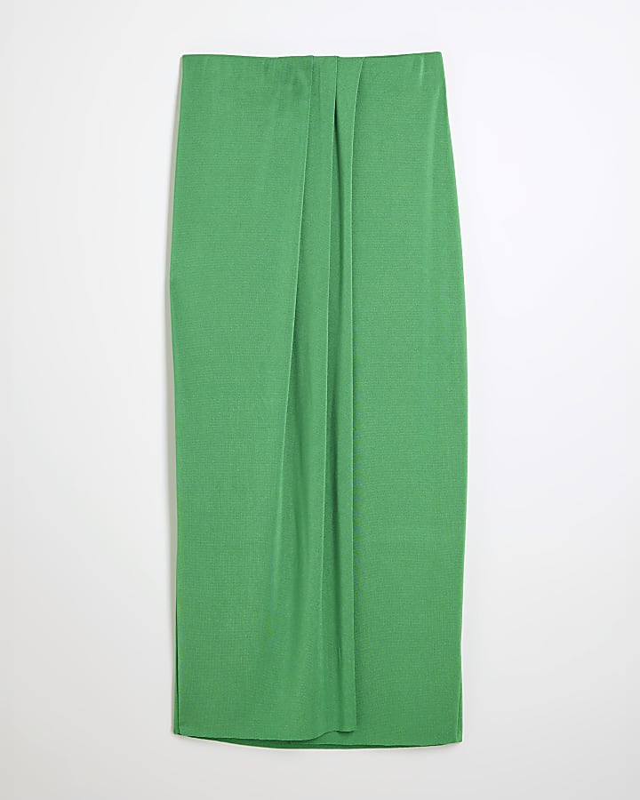 Green Draped Pleated Midi Skirt