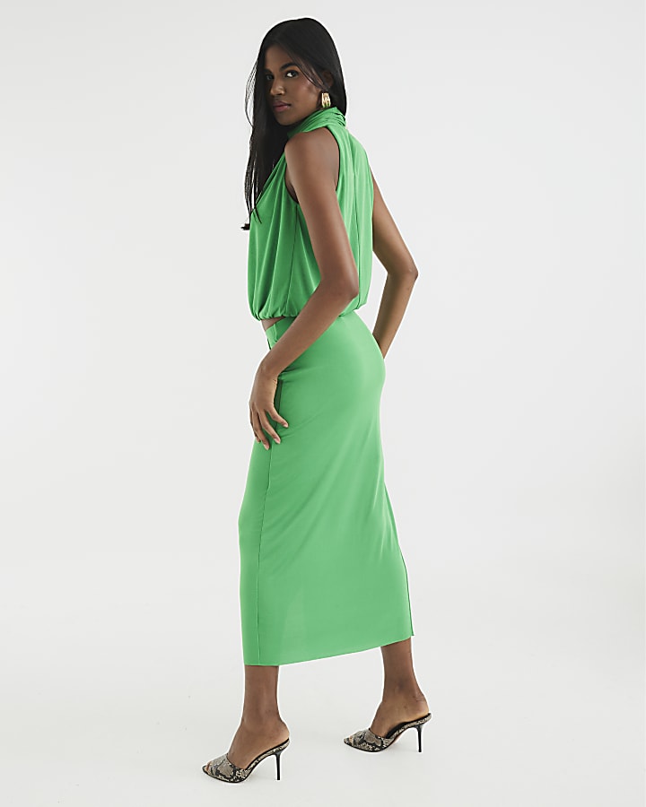 Green Draped Pleated Midi Skirt