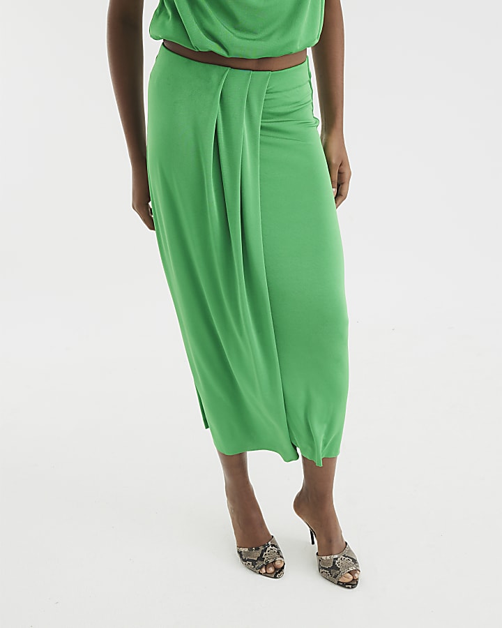 Green Draped Pleated Midi Skirt