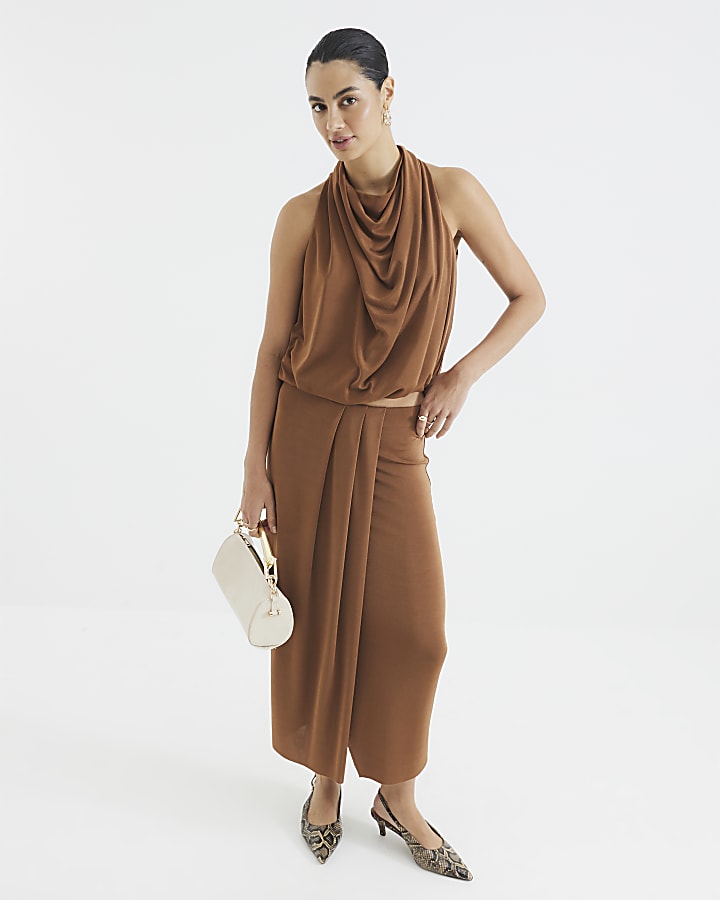 Brown Draped Pleated Midi Skirt