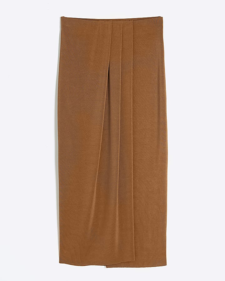 Brown Draped Pleated Midi Skirt