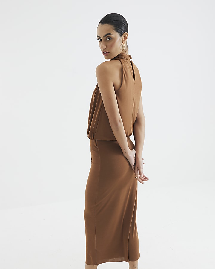 Brown Draped Pleated Midi Skirt