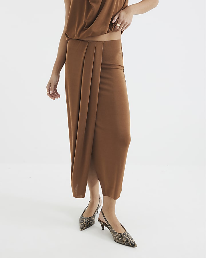 Brown Draped Pleated Midi Skirt