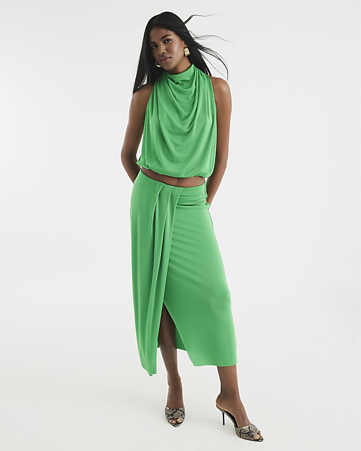 Green Sleeveless Draped Cowl Neck Top