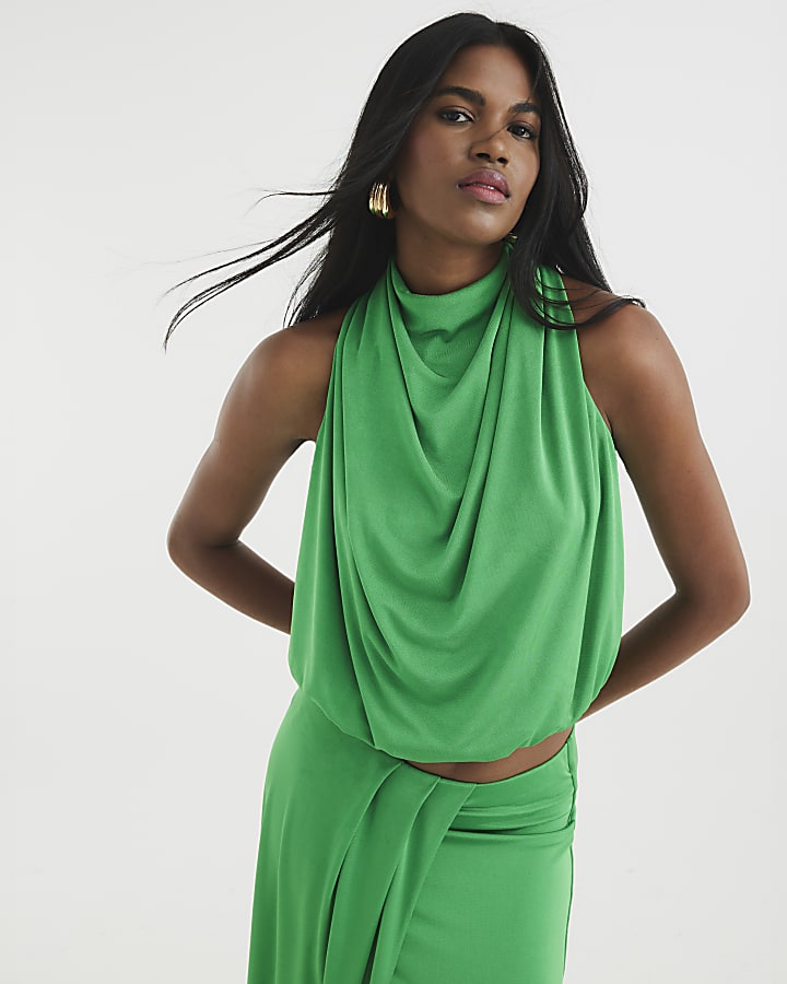 Green Sleeveless Draped Cowl Neck Top