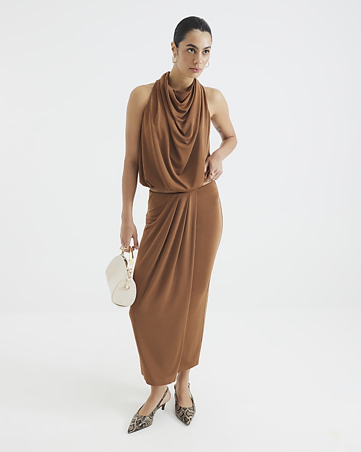 Brown Sleeveless Draped Cowl Neck Top