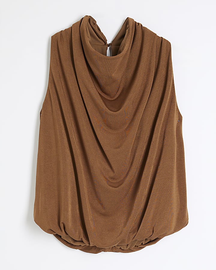 Brown Sleeveless Draped Cowl Neck Top